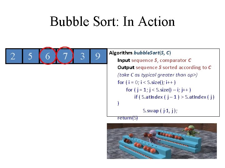 Bubble Sort: In Action 2 5 6 7 3 9 Algorithm bubble. Sort(S, C) Bubble Sort: In Action 2 5 6 7 3 9 Algorithm bubble. Sort(S, C)