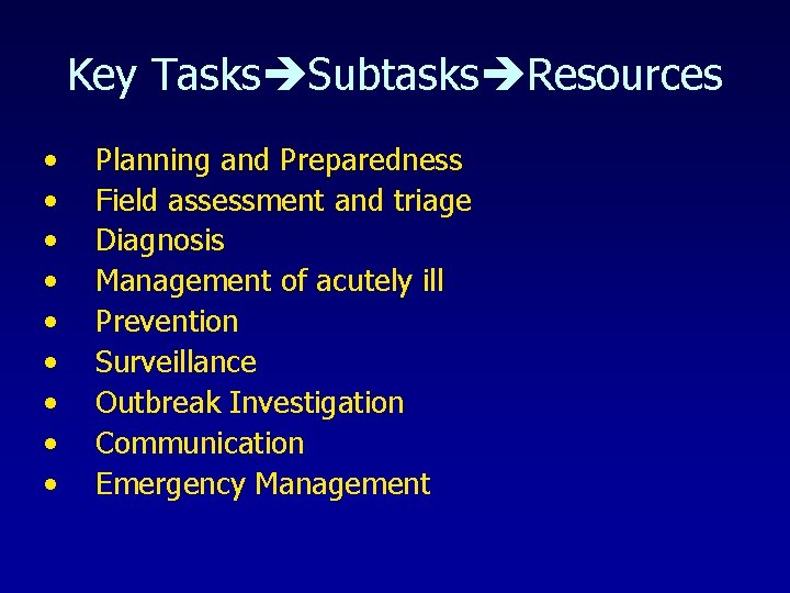 Key Tasks Subtasks Resources • • • Planning and Preparedness Field assessment and triage