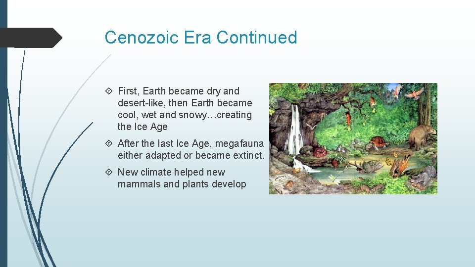 Cenozoic Era Continued First, Earth became dry and desert-like, then Earth became cool, wet Cenozoic Era Continued First, Earth became dry and desert-like, then Earth became cool, wet
