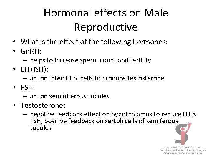 Hormonal effects on Male Reproductive • What is the effect of the following hormones: