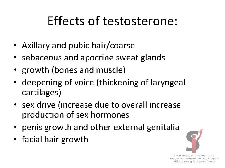 Effects of testosterone: Axillary and pubic hair/coarse sebaceous and apocrine sweat glands growth (bones