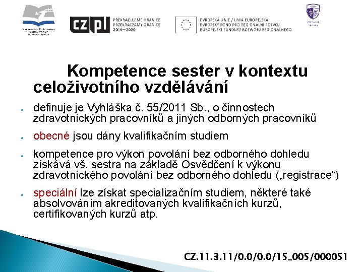 Kompetence sester v kontextu celoživotního vzdělávání ● ● definuje je Vyhláška č. 55/2011 Sb.