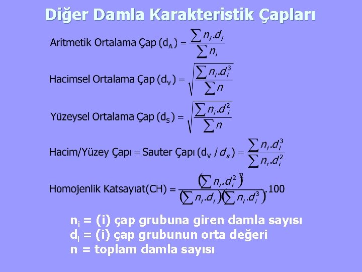 Diğer Damla Karakteristik Çapları ni = (i) çap grubuna giren damla sayısı di =