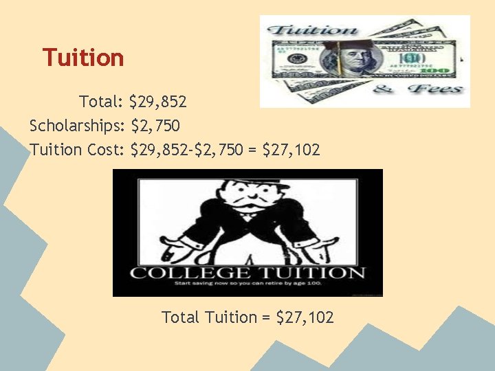 Tuition Total: $29, 852 Scholarships: $2, 750 Tuition Cost: $29, 852 -$2, 750 =