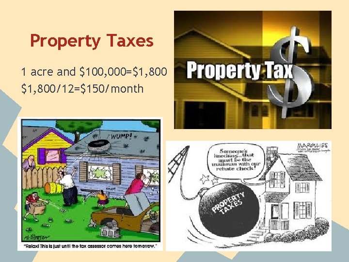 Property Taxes 1 acre and $100, 000=$1, 800/12=$150/month 