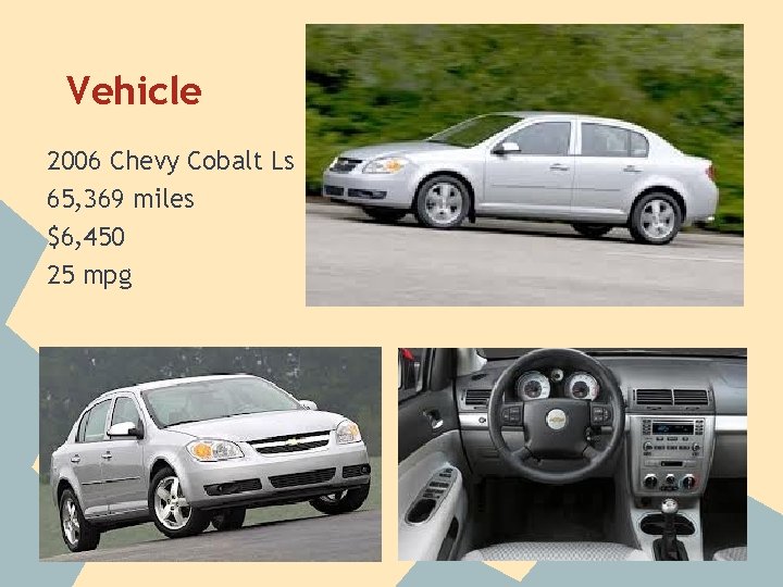 Vehicle 2006 Chevy Cobalt Ls 65, 369 miles $6, 450 25 mpg 