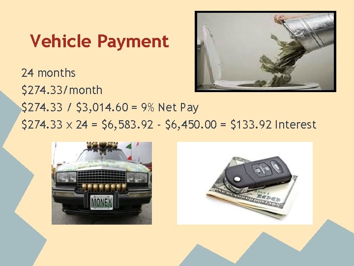Vehicle Payment 24 months $274. 33/month $274. 33 / $3, 014. 60 = 9%