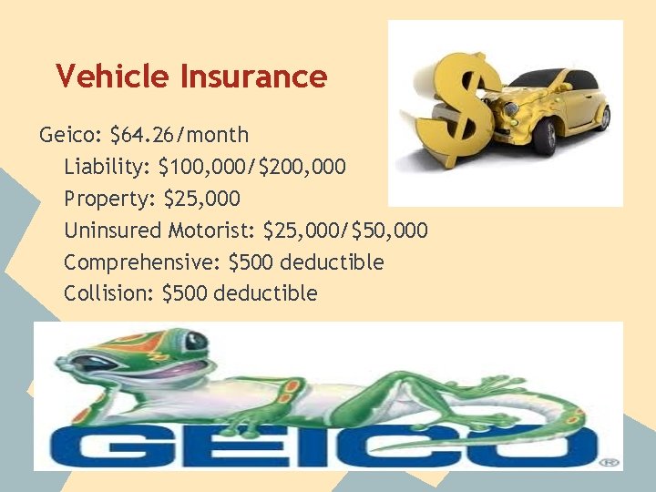Vehicle Insurance Geico: $64. 26/month Liability: $100, 000/$200, 000 Property: $25, 000 Uninsured Motorist:
