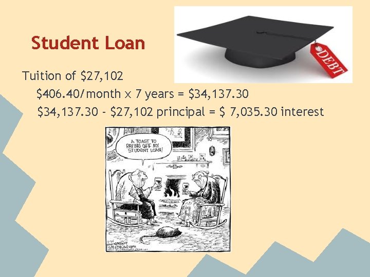 Student Loan Tuition of $27, 102 $406. 40/month x 7 years = $34, 137.