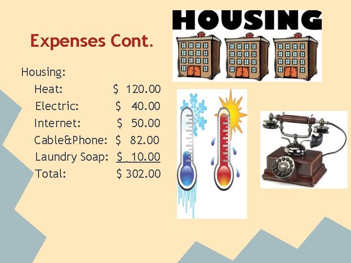 Expenses Cont. Housing: Heat: $ 120. 00 Electric: $ 40. 00 Internet: $ 50.
