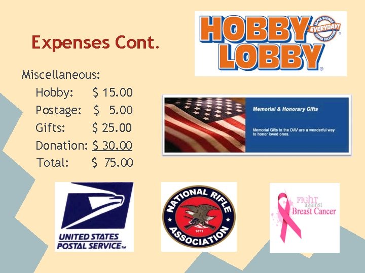 Expenses Cont. Miscellaneous: Hobby: $ 15. 00 Postage: $ 5. 00 Gifts: $ 25.