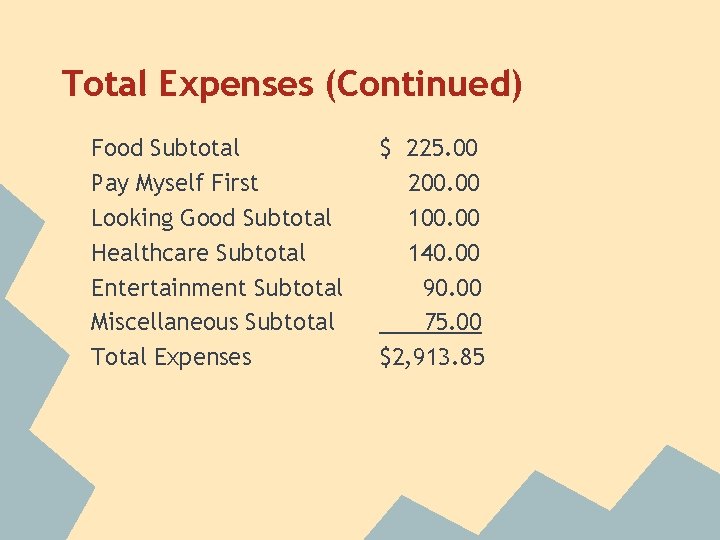 Total Expenses (Continued) Food Subtotal Pay Myself First Looking Good Subtotal Healthcare Subtotal Entertainment