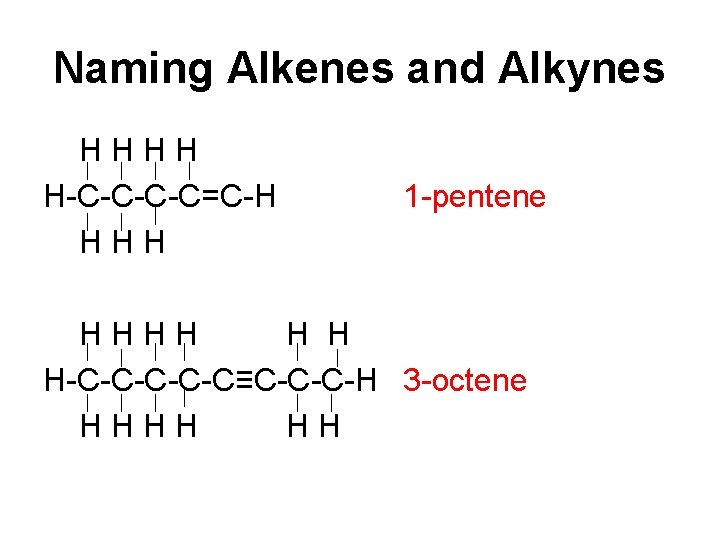 Naming Alkenes and Alkynes HHHH H-C-C=C-H HHH 1 -pentene HHHH H H H-C-C-C≡C-C-C-H 3