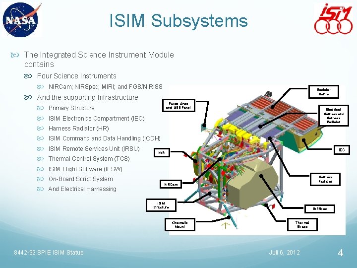 ISIM Subsystems The Integrated Science Instrument Module contains Four Science Instruments NIRCam; NIRSpec; MIRI;