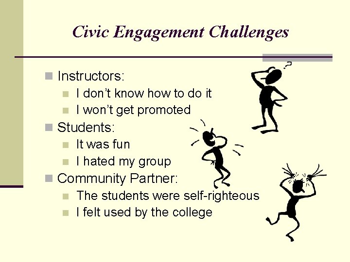 Civic Engagement Challenges n Instructors: n I don’t know how to do it n