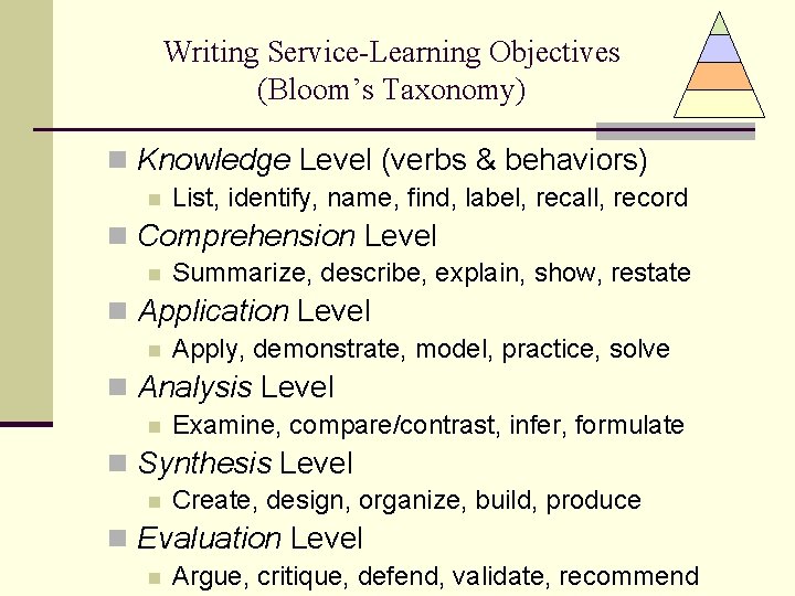 Writing Service-Learning Objectives (Bloom’s Taxonomy) n Knowledge Level (verbs & behaviors) n List, identify,