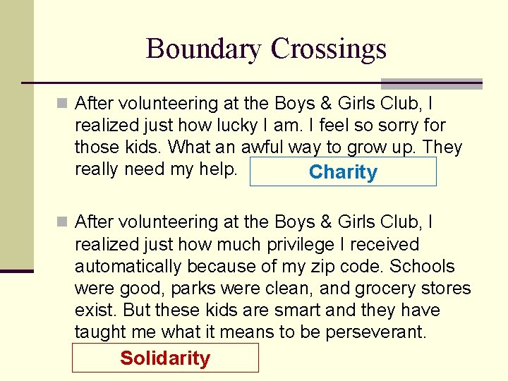 Boundary Crossings n After volunteering at the Boys & Girls Club, I realized just