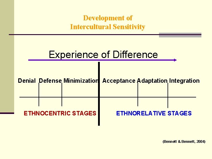 Development of Intercultural Sensitivity Experience of Difference Denial Defense Minimization Acceptance Adaptation Integration ETHNOCENTRIC
