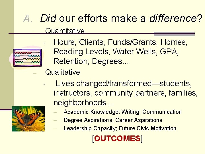 A. Did our efforts make a difference? Quantitative – • Hours, Clients, Funds/Grants, Homes,