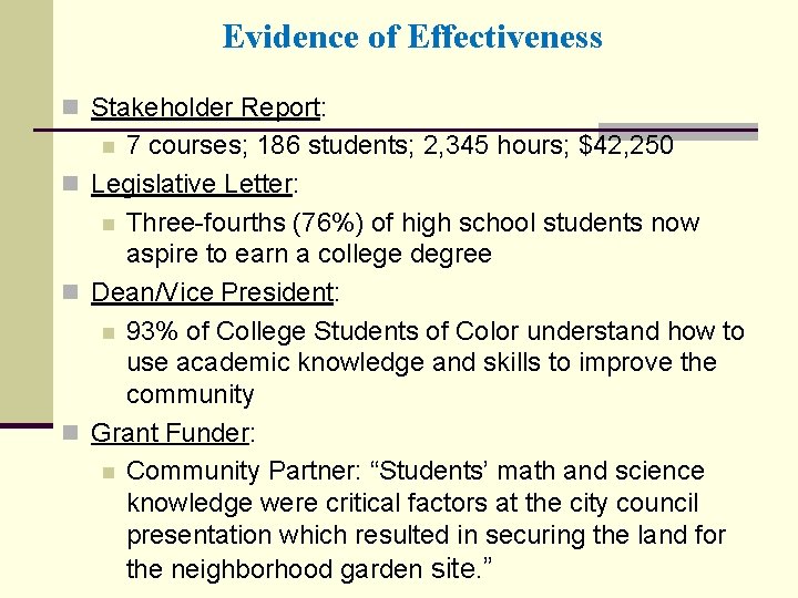 Evidence of Effectiveness n Stakeholder Report: 7 courses; 186 students; 2, 345 hours; $42,