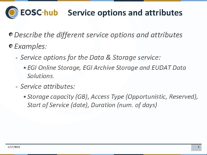 Service options and attributes Describe the different service options and attributes Examples: - Service