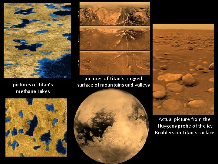 pictures of Titan’s methane Lakes pictures of Titan’s rugged surface of mountains and valleys