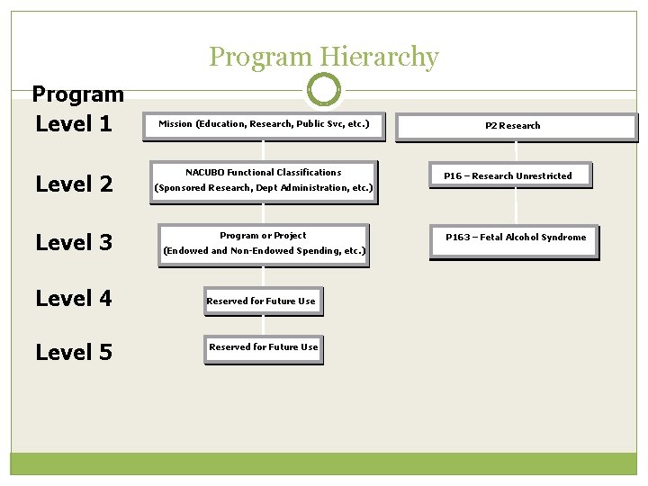 Program Hierarchy Program Level 1 Level 2 Mission (Education, Research, Public Svc, etc. )