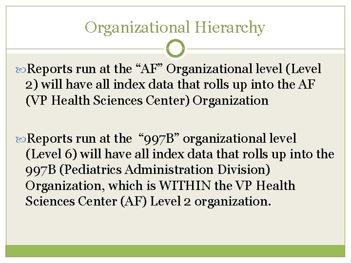 Organizational Hierarchy Reports run at the “AF” Organizational level (Level 2) will have all