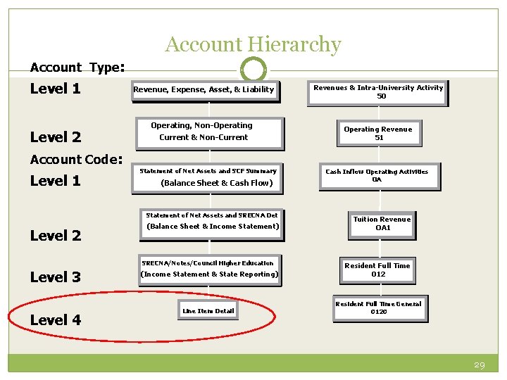 Account Hierarchy Account Type: Level 1 Level 2 Account Code: Level 1 Revenue, Expense,