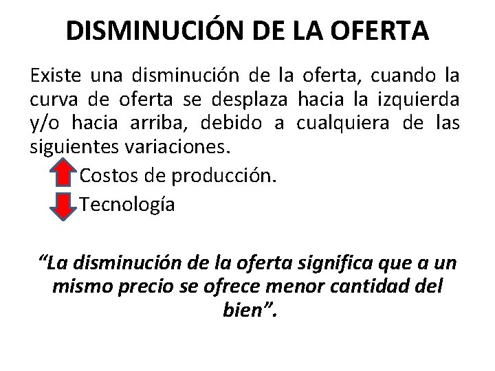 DISMINUCIÓN DE LA OFERTA Existe una disminución de la oferta, cuando la curva de