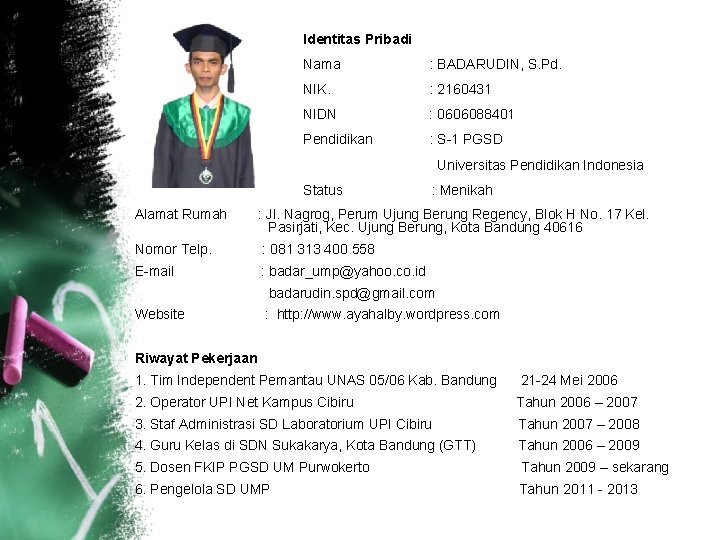 Identitas Pribadi Nama : BADARUDIN, S. Pd. NIK. : 2160431 NIDN : 0606088401 Pendidikan