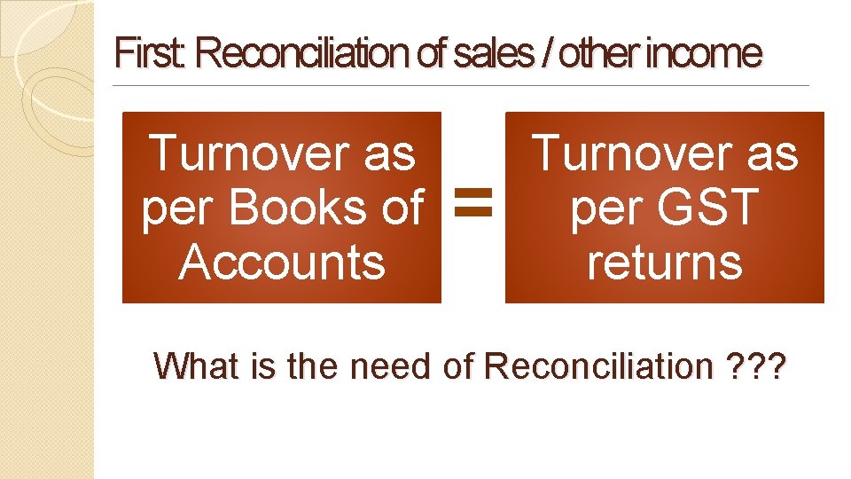 First: Reconciliation of sales / other income Turnover as per Books of Accounts Turnover