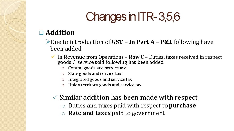 Changes in ITR- 3, 5, 6 Addition Due to introduction of GST – In