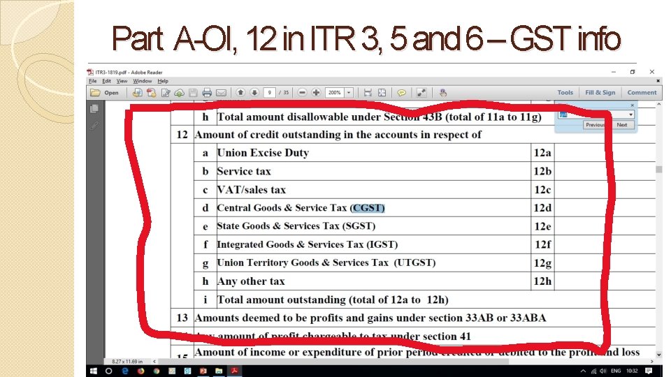 Part A-OI, 12 in ITR 3, 5 and 6 – GST info 32 