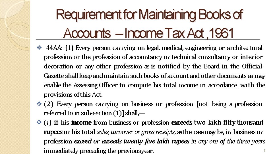 Requirement for Maintaining Books of Accounts – Income Tax Act , 1961 44 AA: