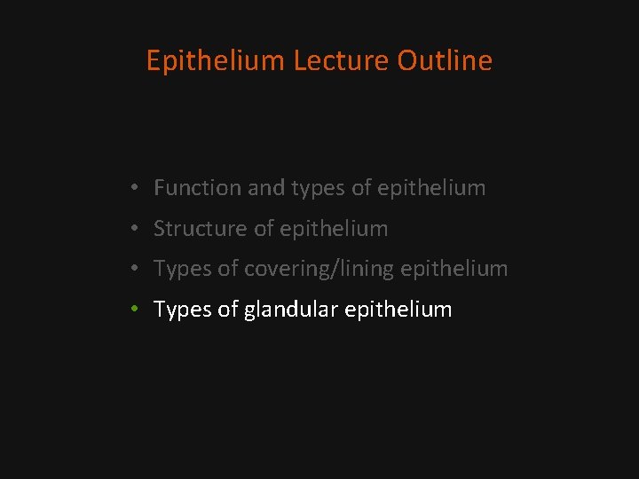 Epithelium Lecture Outline • Function and types of epithelium • Structure of epithelium •