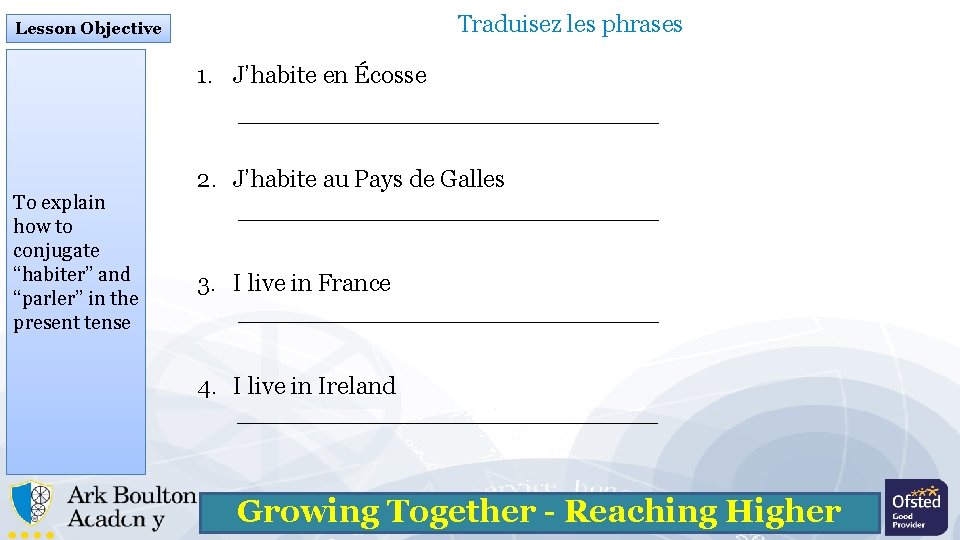 Traduisez les phrases Lesson Objective 1. J’habite en Écosse ________________________ To explain how to