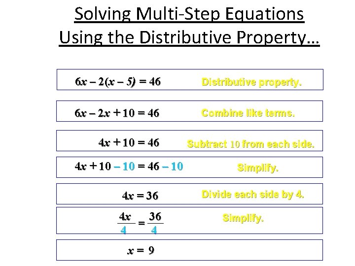 Solving Multi-Step Equations Using the Distributive Property… 6 x – 2(x – 5) =