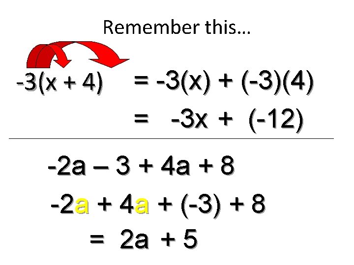 Remember this… -3(x + 4) = -3(x) + (-3)(4) = -3 x + (-12)