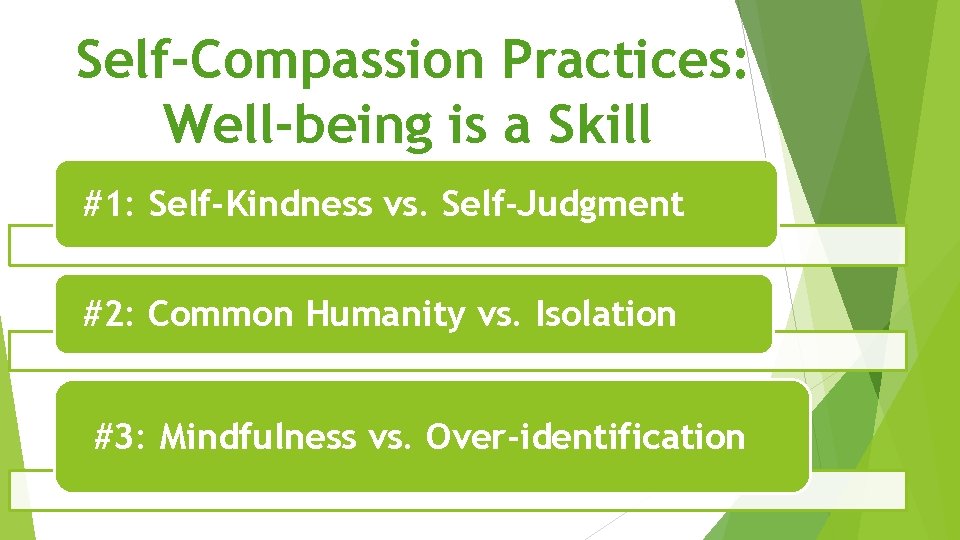 Self-Compassion Practices: Well-being is a Skill #1: Self-Kindness vs. Self-Judgment #2: Common Humanity vs.