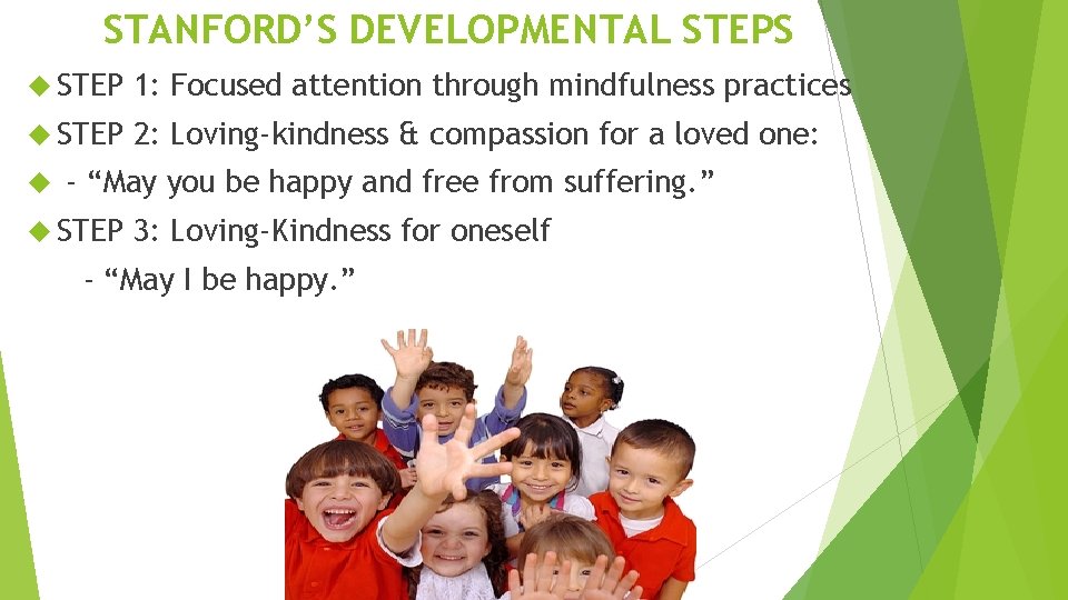 STANFORD’S DEVELOPMENTAL STEPS STEP 1: Focused attention through mindfulness practices STEP 2: Loving-kindness &