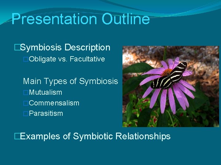 Presentation Outline �Symbiosis Description �Obligate vs. Facultative Main Types of Symbiosis �Mutualism �Commensalism �Parasitism