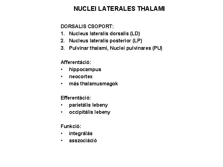 NUCLEI LATERALES THALAMI DORSALIS CSOPORT: 1. Nucleus lateralis dorsalis (LD) 2. Nucleus lateralis posterior
