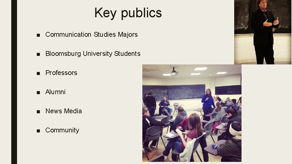 Key publics ■ Communication Studies Majors ■ Bloomsburg University Students ■ Professors ■ Alumni