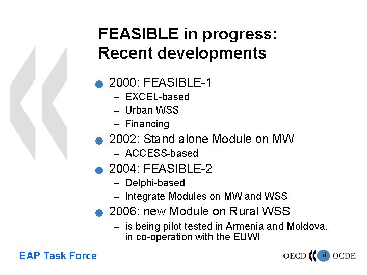FEASIBLE in progress: Recent developments n 2000: FEASIBLE-1 – EXCEL-based – Urban WSS –