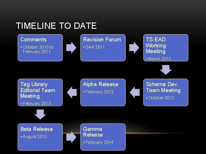 TIMELINE TO DATE Comments Revision Forum • October 2010 to February 2011 • SAA