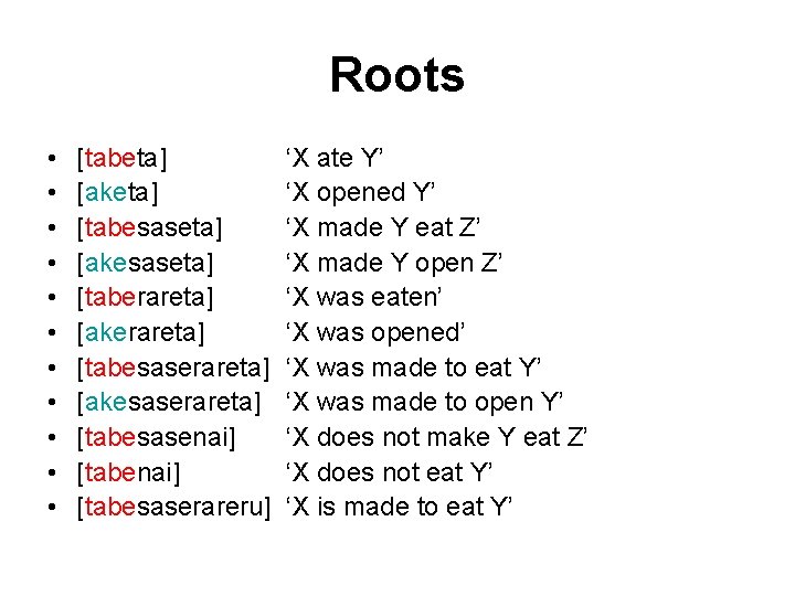 Roots • • • [tabeta] [aketa] [tabesaseta] [akesaseta] [taberareta] [akerareta] [tabesaserareta] [akesaserareta] [tabesasenai] [tabesaserareru]