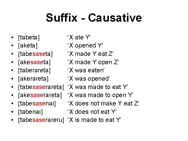 Suffix - Causative • • • [tabeta] [aketa] [tabesaseta] [akesaseta] [taberareta] [akerareta] [tabesaserareta] [akesaserareta]