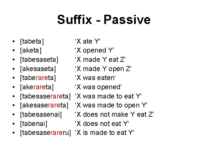 Suffix - Passive • • • [tabeta] [aketa] [tabesaseta] [akesaseta] [taberareta] [akerareta] [tabesaserareta] [akesaserareta]