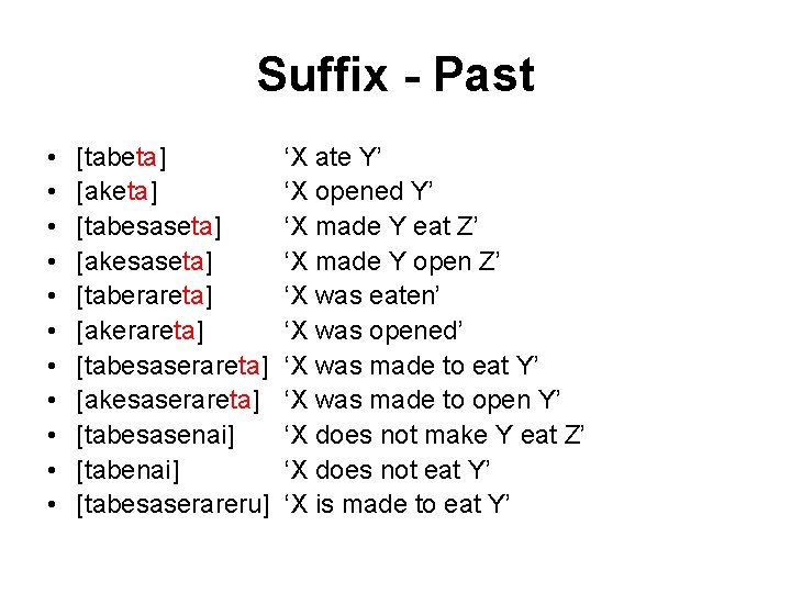 Suffix - Past • • • [tabeta] [aketa] [tabesaseta] [akesaseta] [taberareta] [akerareta] [tabesaserareta] [akesaserareta]